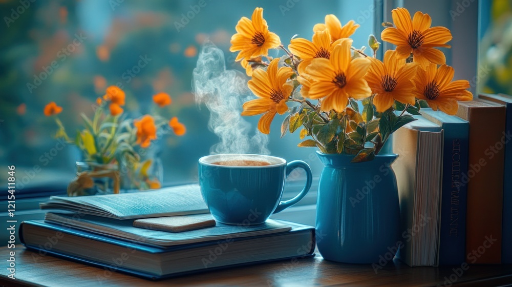 custom made wallpaper toronto digitalCozy autumn window scene coffee, flowers, books