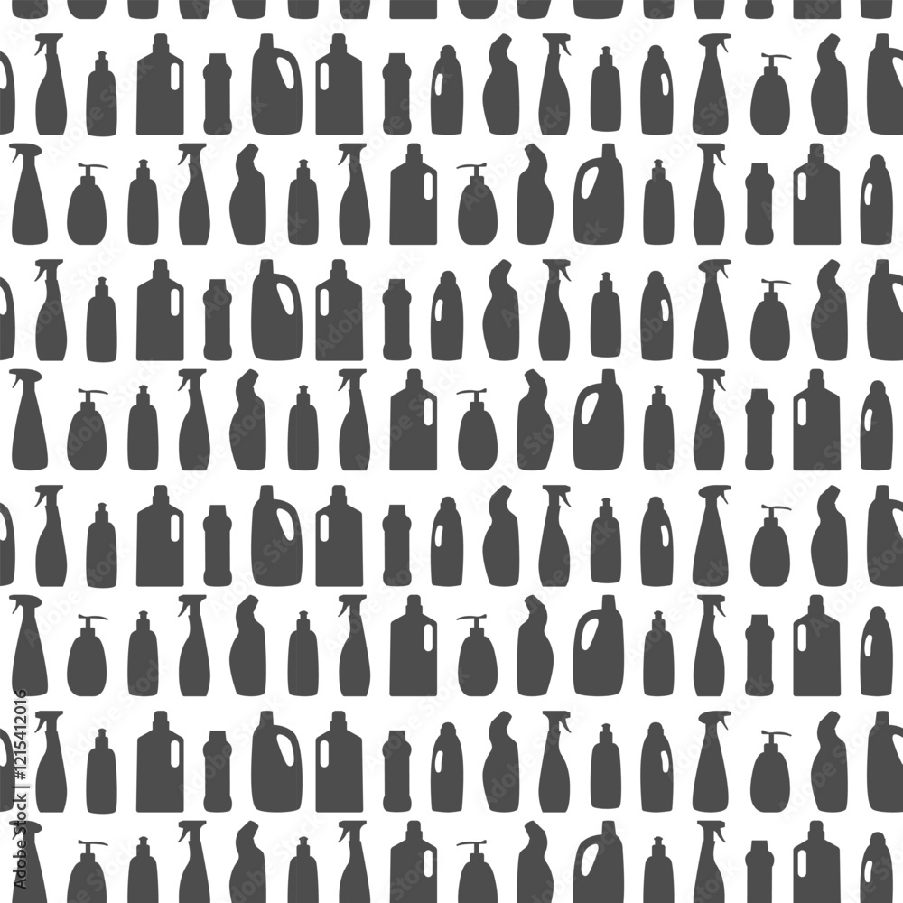 Cleaning products black silhouette seamless pattern. Various Detergent chemical cleanser container background. Simple minimalist Household cleanup products for package wallpaper wraps design print Cleaning products black silhouette seamless pattern. Various Detergent chemical cleanser container background. Simple minimalist Household cleanup products for package wallpaper wraps design print