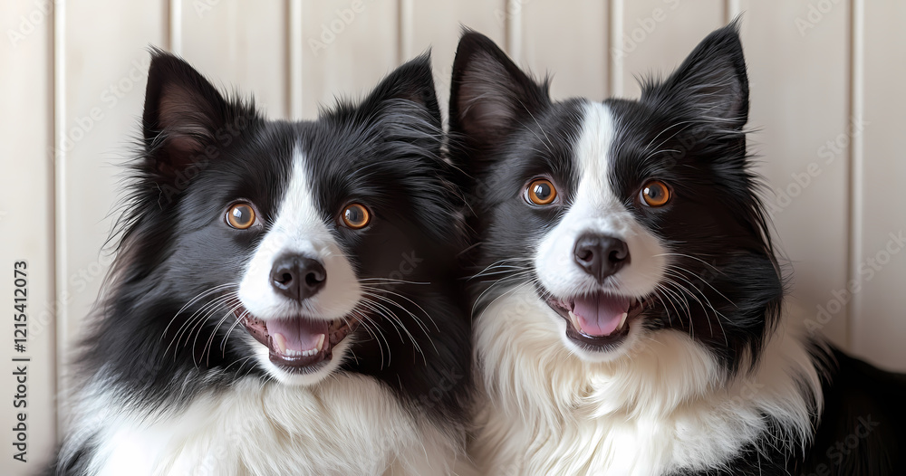 Fototapeta premium Two Happy Dogs Sit Together, Showcasing Their Playful and Friendly Demeanor in a Cozy Indoor Setting