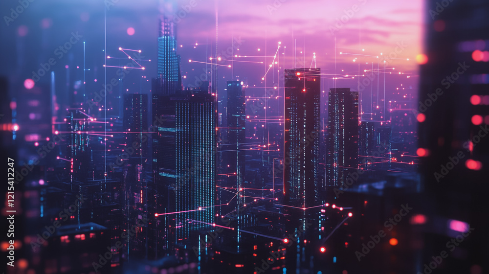 Smart digital Innovation city with connection network reciprocity over the twilight cityscape. of future smart wireless digital city and social media networking systems that connects people with city Smart digital Innovation city with connection network reciprocity over the twilight cityscape. of future smart wireless digital city and social media networking systems that connects people with city