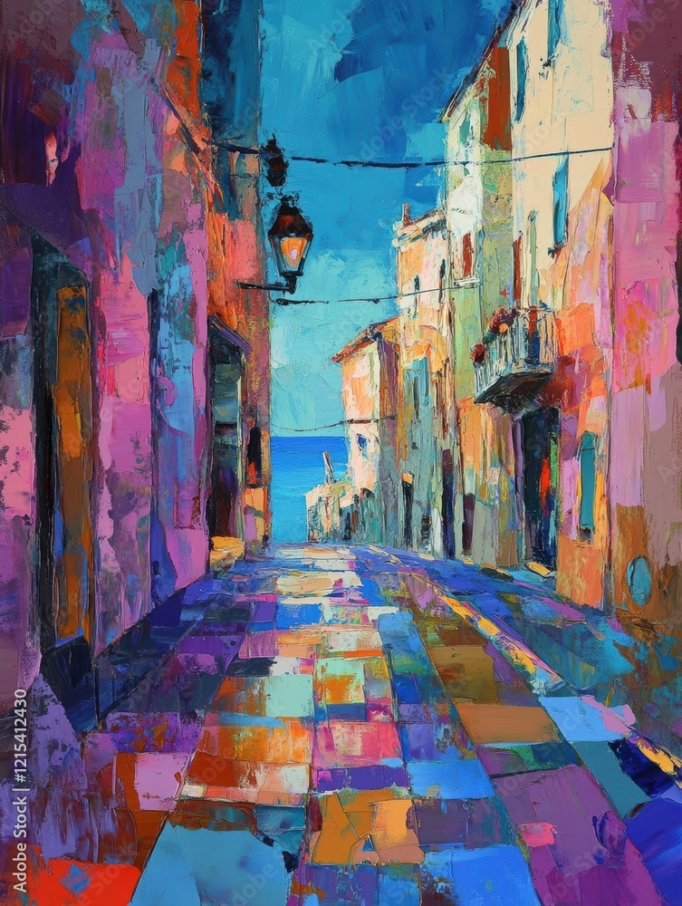 Fototapeta premium Colorful street view of a coastal village on a sunny day with bright blue sky and vibrant buildings