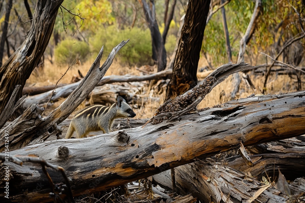 A numbat foraging for termites among fallen logs in a dry eucalyptus forest, its striped coat blending with the bark