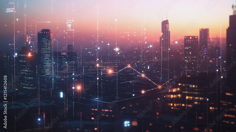 Fototapeta premium Smart digital Innovation city with connection network reciprocity over the twilight cityscape. of future smart wireless digital city and social media networking systems that connects people with city