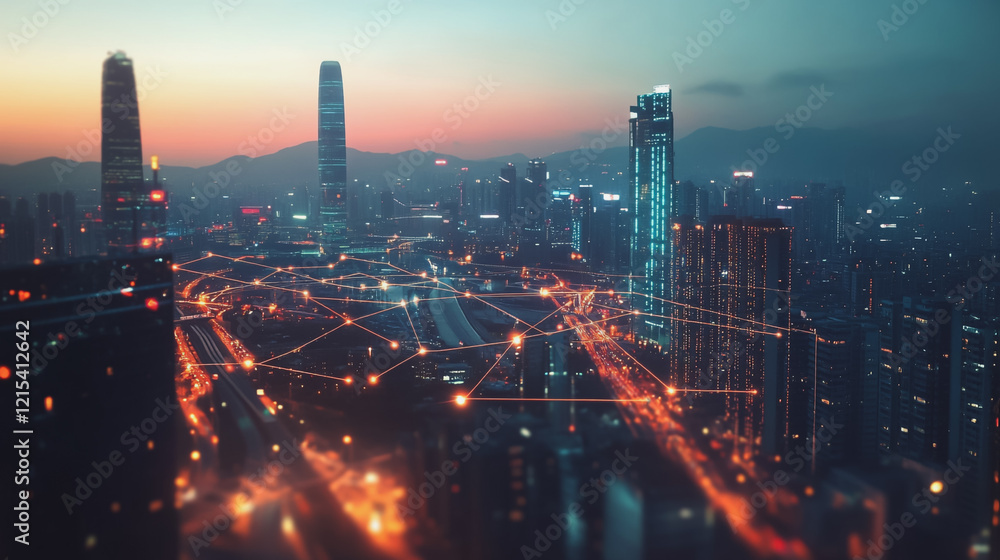 Fototapeta premium Smart digital Innovation city with connection network reciprocity over the twilight cityscape. of future smart wireless digital city and social media networking systems that connects people with city