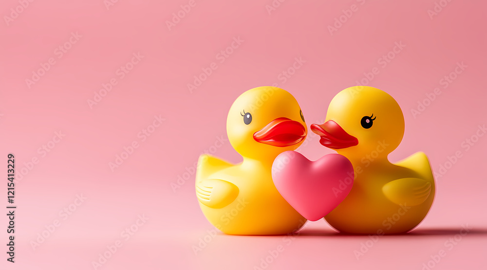 Two Cheerful Rubber Ducks Holding a Heart on a Pink Background Create a Warm and Playful Atmosphere of Love and Friendship, love card Two Cheerful Rubber Ducks Holding a Heart on a Pink Background Create a Warm and Playful Atmosphere of Love and Friendship, love card