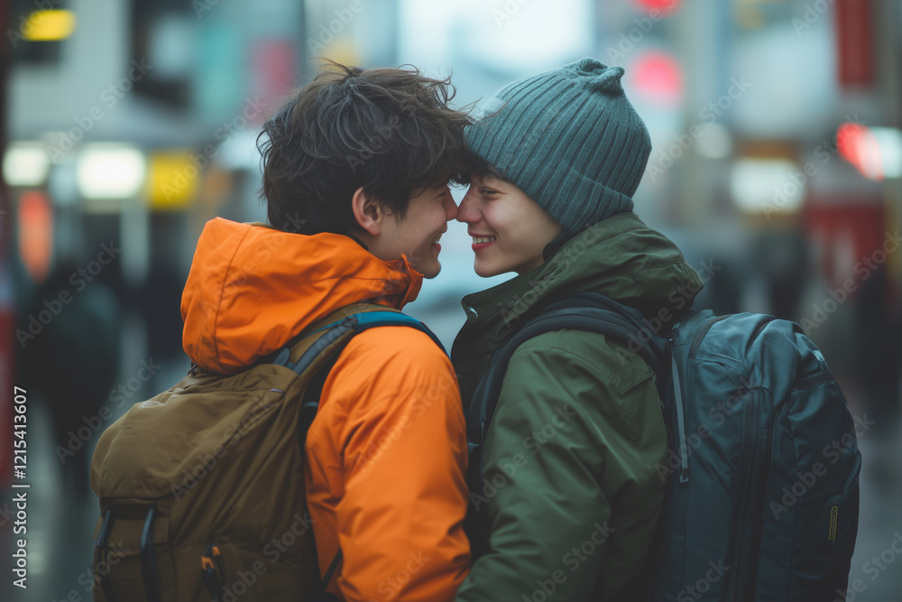 Emotional connection between friends in a bustling city street setting Emotional connection between friends in a bustling city street setting