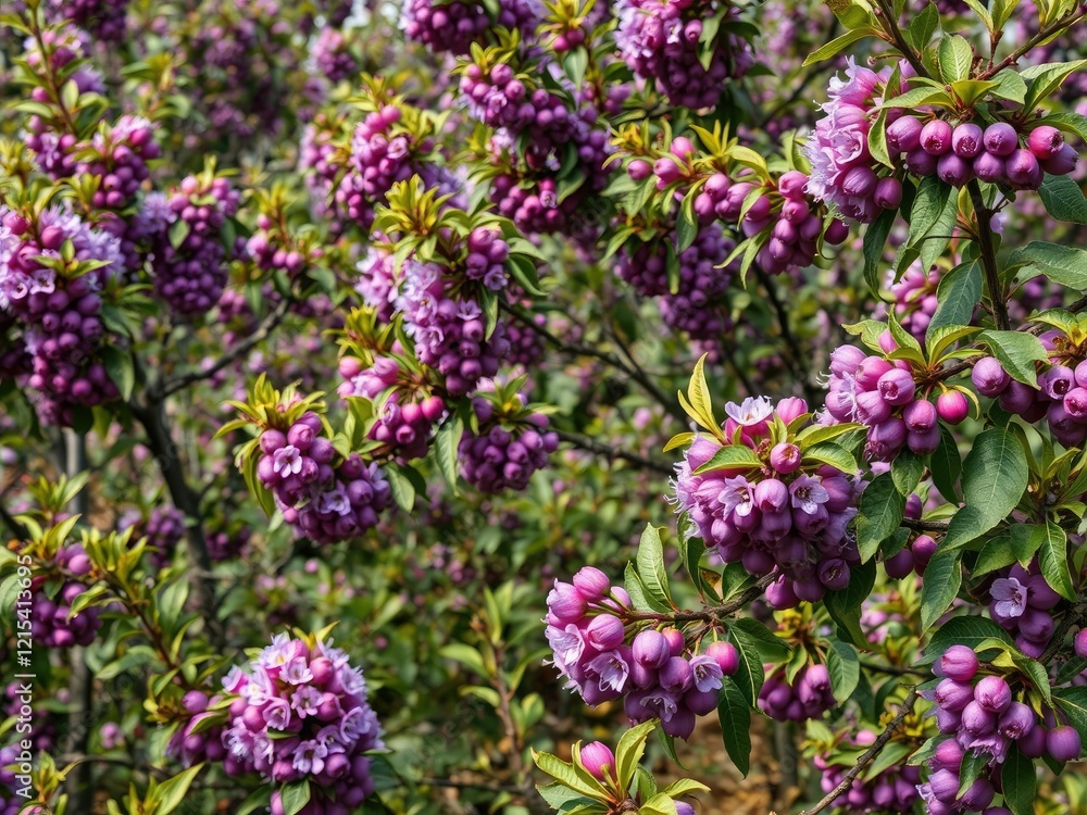 Field of plum trees with bright purple flowers and leaves, nature photography, spring landscape, floral field Field of plum trees with bright purple flowers and leaves, nature photography, spring landscape, floral field
