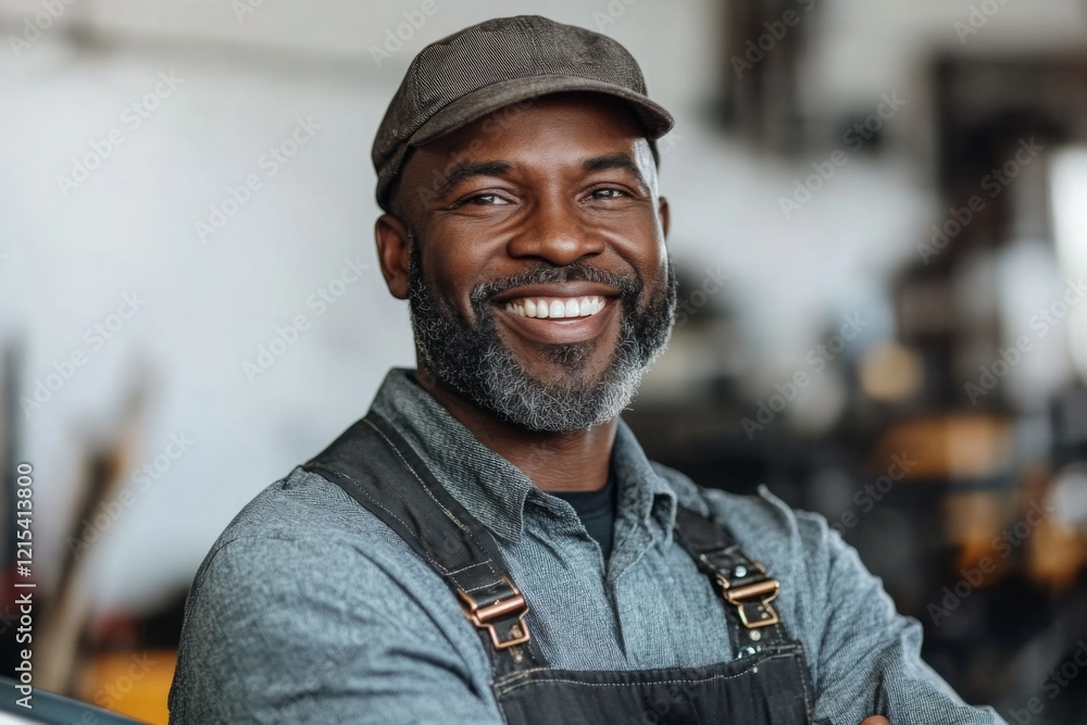 Portrait of a smiling middle aged African American man in workshop Portrait of a smiling middle aged African American man in workshop