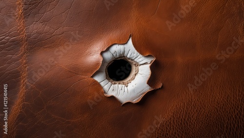 Close-up of Bullet Hole in Brown Leather
