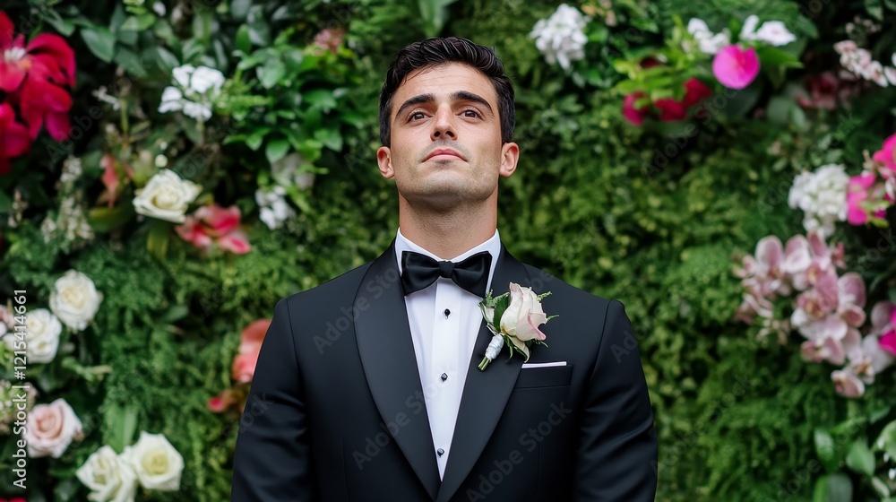 The Groom Awaits His Bride - A handsome groom in a tuxedo stands before a vibrant floral wall, symbolizing anticipation, love, elegance, commitment, and a new beginning. The Groom Awaits His Bride - A handsome groom in a tuxedo stands before a vibrant floral wall, symbolizing anticipation, love, elegance, commitment, and a new beginning.