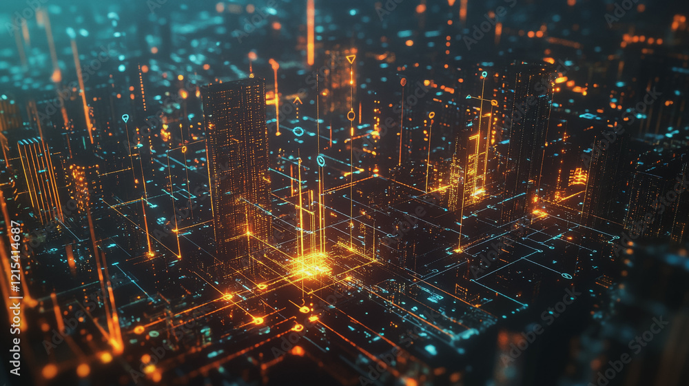 Fototapeta premium Smart digital Innovation city with connection network reciprocity over the twilight cityscape. of future smart wireless digital city and social media networking systems that connects people with city