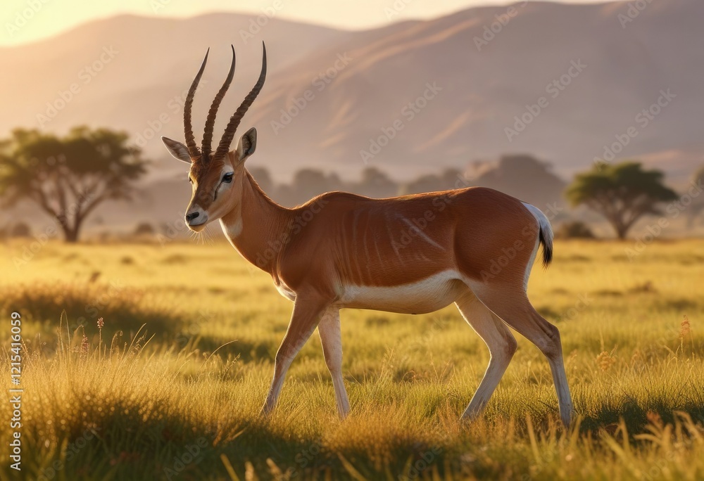 Gazelle grazing in open grasslands with a sunny background, safari, landscape Gazelle grazing in open grasslands with a sunny background, safari, landscape
