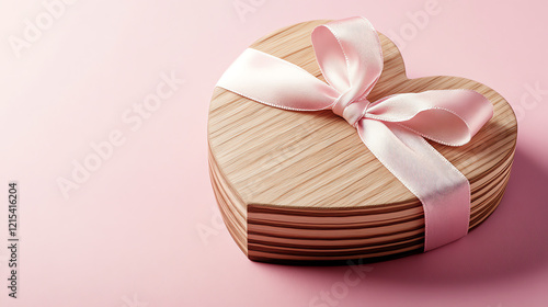  Heart-Shaped Wooden Gift Box with Ribbon on Pink Background