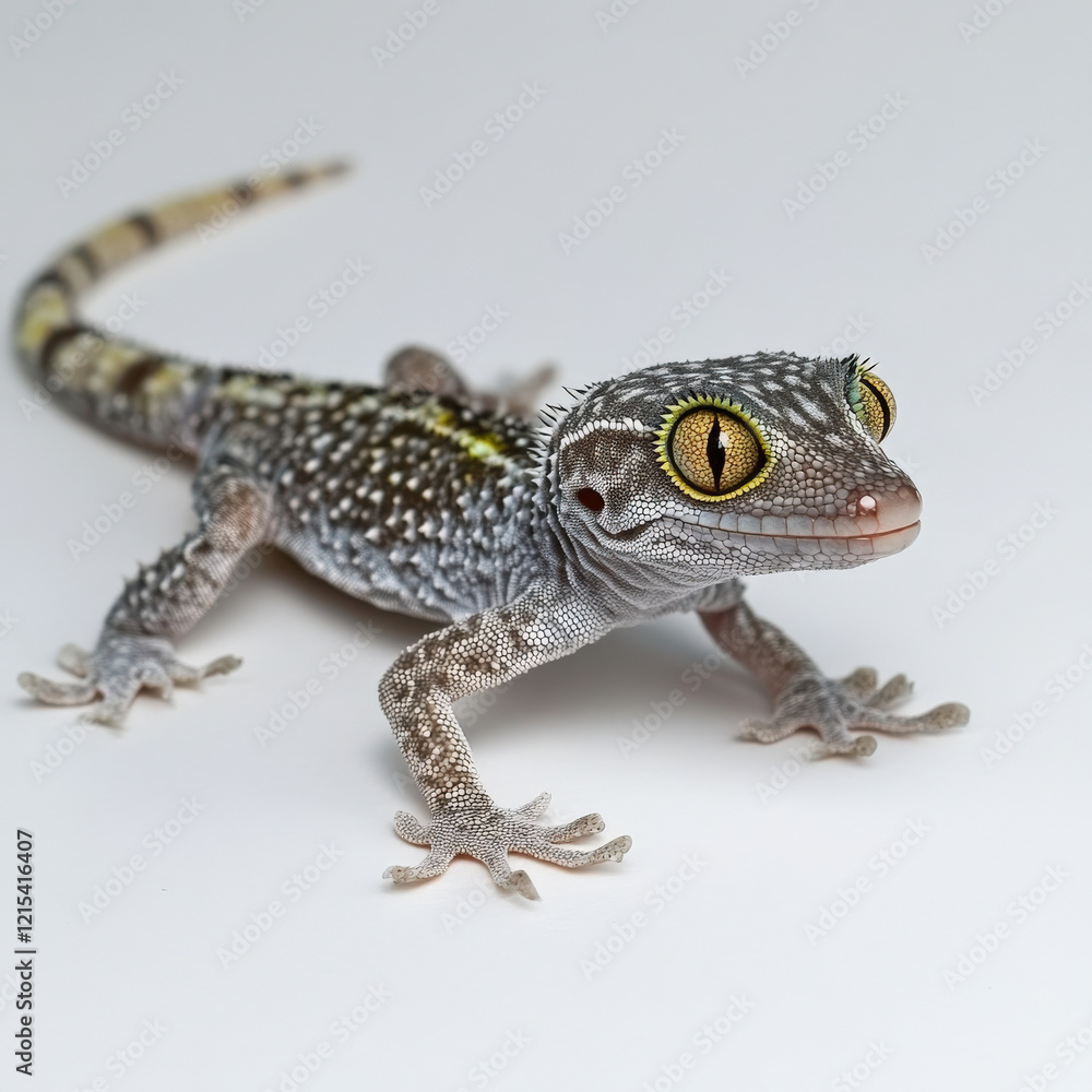 Naklejka premium Gray gecko with yellow eyes, speckled skin, and a striped tail.