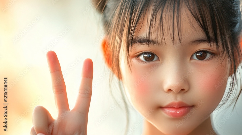 Photorealistic Close-Up of an Asian Girl Making a Peace Sign with Copy Space and Soft Lighting, Perfect for Modern Visual Projects Photorealistic Close-Up of an Asian Girl Making a Peace Sign with Copy Space and Soft Lighting, Perfect for Modern Visual Projects