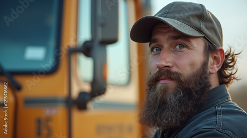 Portrait of trucker with beard and cap beside blurred truck photo