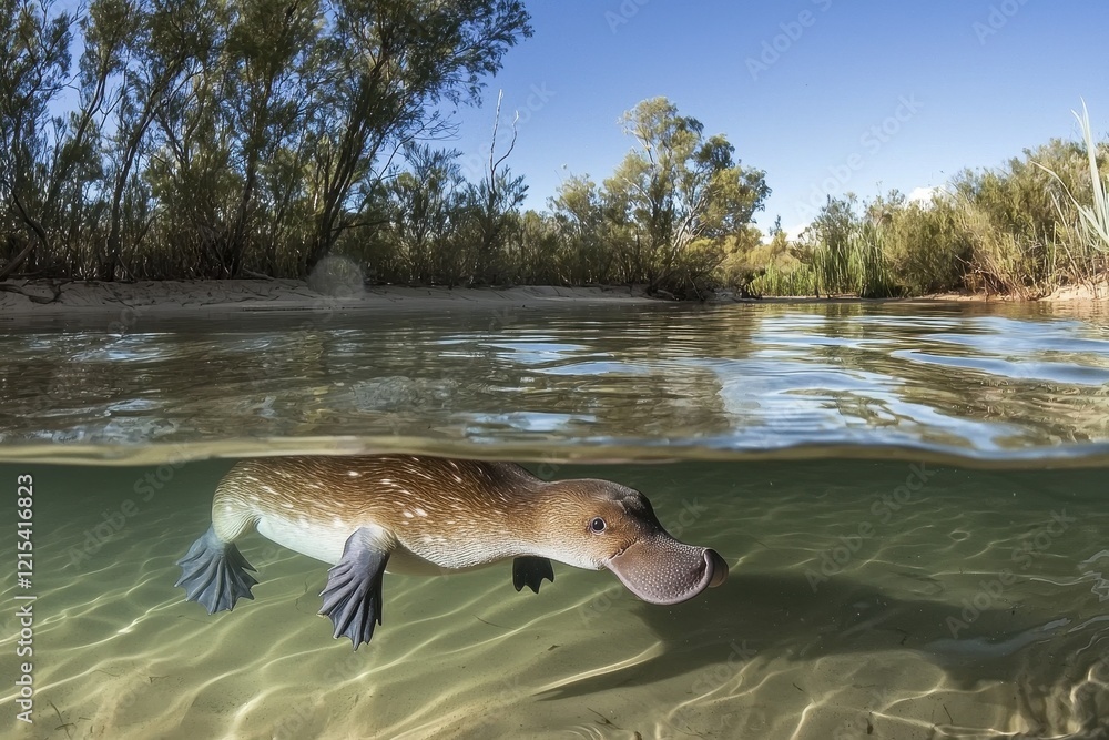 Fototapeta premium A playful platypus swimming in a clear freshwater creek, ripples forming around its sleek body. 