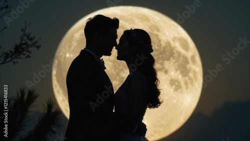 Couple Embracing Under Full Moon - Romantic Silhouette