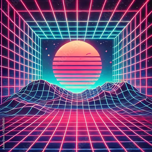 Retro 80s synthwave grid with neon pink and blue hues, digital vaporwave aesthetic background