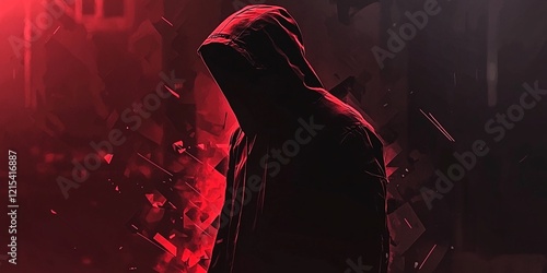 Mysterious Hacker in Red Hooded Glow with Abstract Digital Elements in a Dark Cyber Atmosphere photo