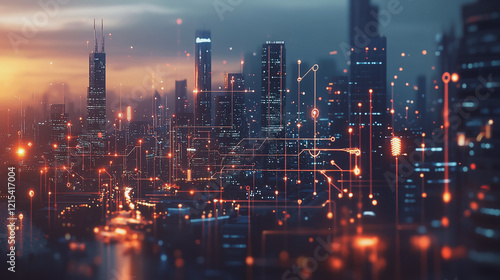 Wallpaper Mural Smart digital Innovation city with connection network reciprocity over the twilight cityscape. of future smart wireless digital city and social media networking systems that connects people with city Torontodigital.ca