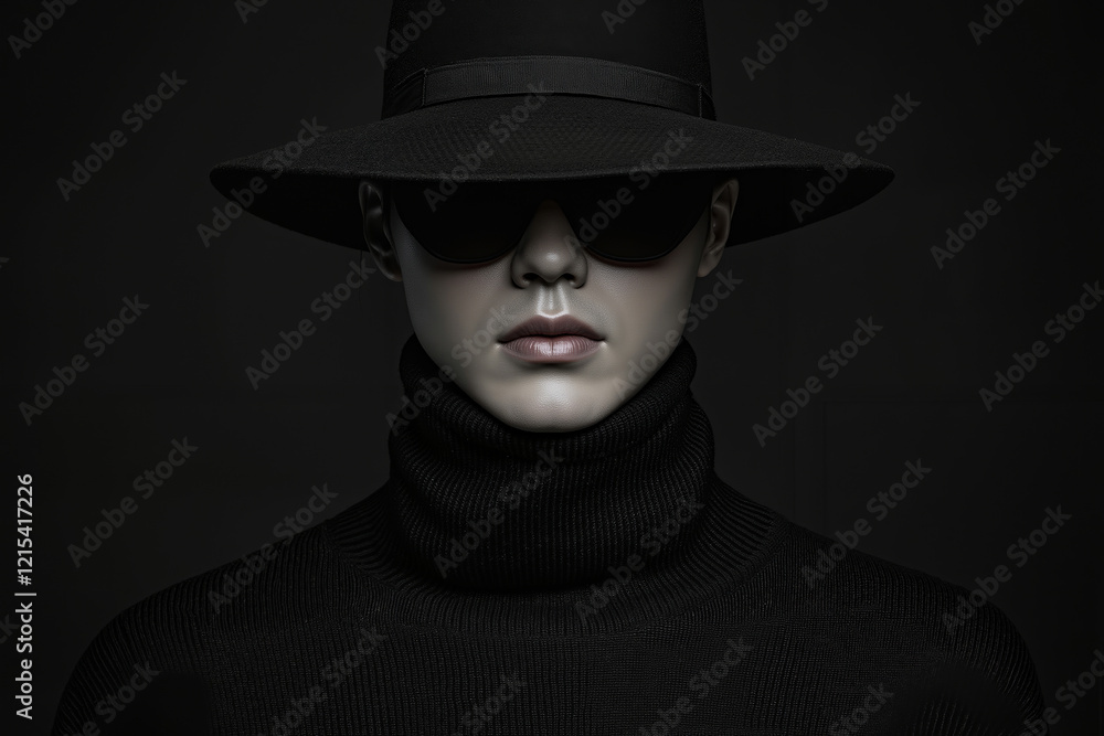 A mannequin wearing a black hat and sunglasses A mannequin wearing a black hat and sunglasses