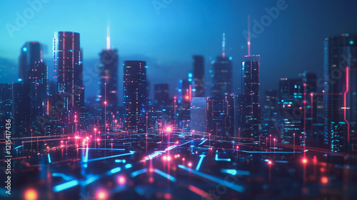 Wallpaper Mural Smart digital Innovation city with connection network reciprocity over the twilight cityscape. of future smart wireless digital city and social media networking systems that connects people with city Torontodigital.ca