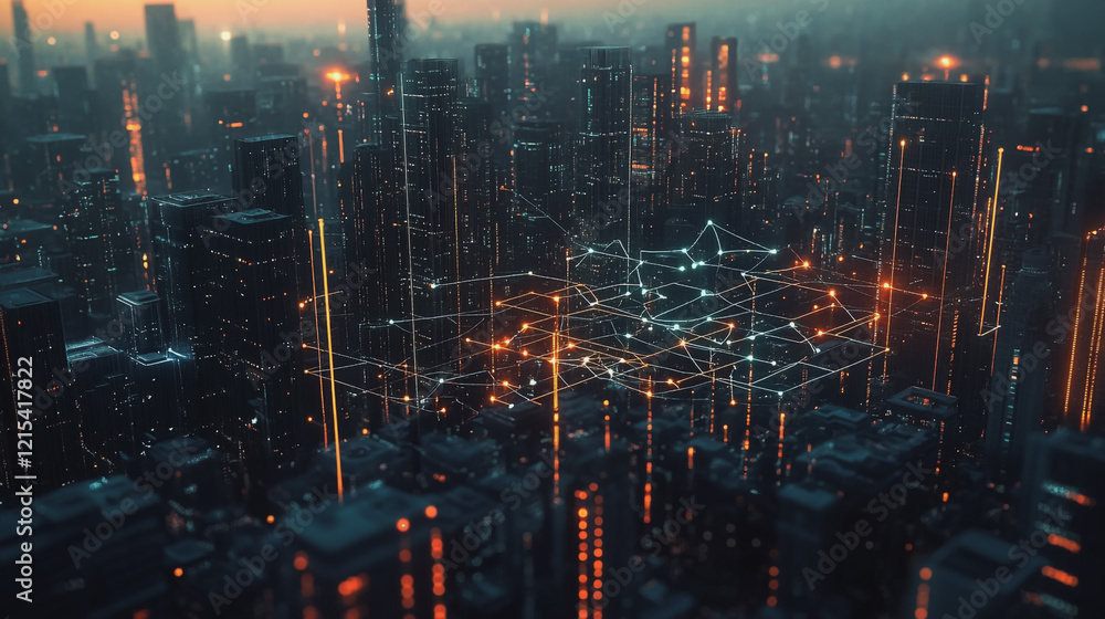 Obraz premium Smart digital Innovation city with connection network reciprocity over the twilight cityscape. of future smart wireless digital city and social media networking systems that connects people with city