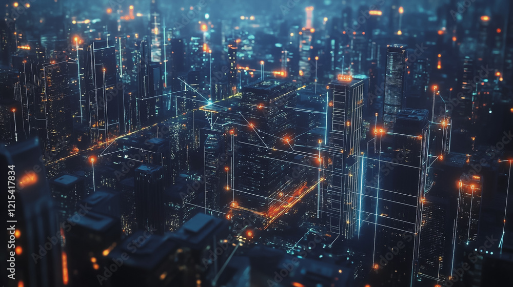Obraz premium Smart digital Innovation city with connection network reciprocity over the twilight cityscape. of future smart wireless digital city and social media networking systems that connects people with city