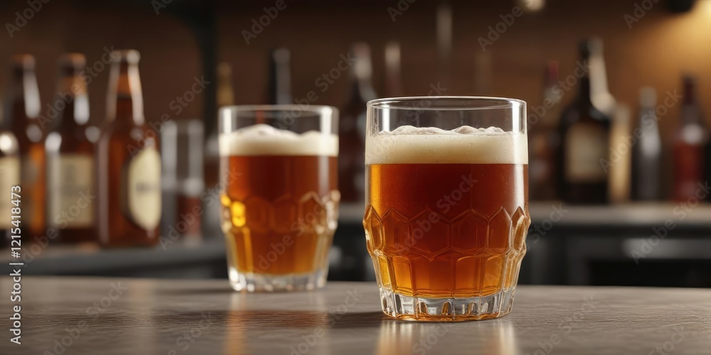 Crystal glass filled with amber beer on a counter, flat lay, blurred