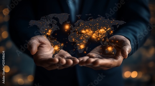 Elegance and Mystery with Earth in Businessman’s Palm, ビジネスマンの掌中にある地球との優雅さと神秘.Generative AI