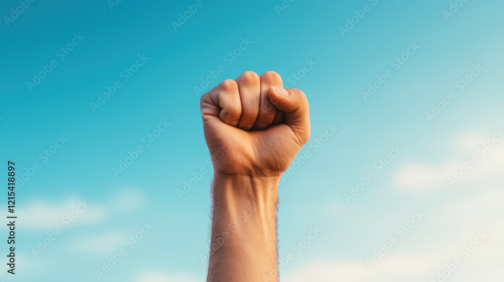 Raised fist symbolizing strength and determination against blue sky Raised fist symbolizing strength and determination against blue sky