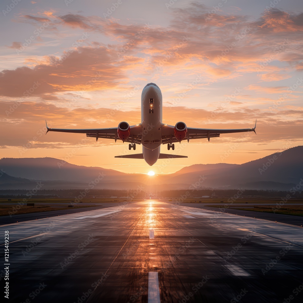 Fototapeta premium Passenger airplane taking off at sunrise with scenic mountains and reflections