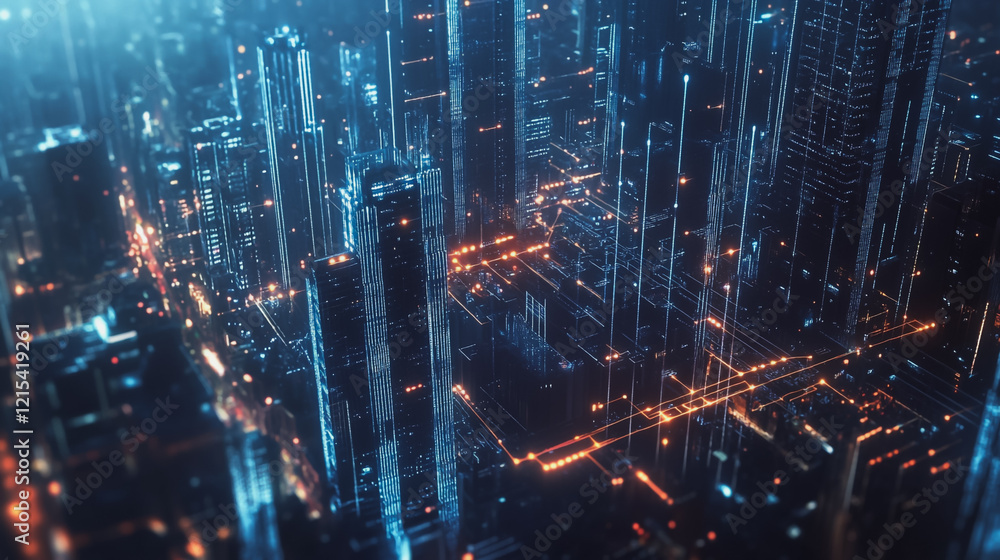 Fototapeta premium Smart digital Innovation city with connection network reciprocity over the twilight cityscape. of future smart wireless digital city and social media networking systems that connects people with city
