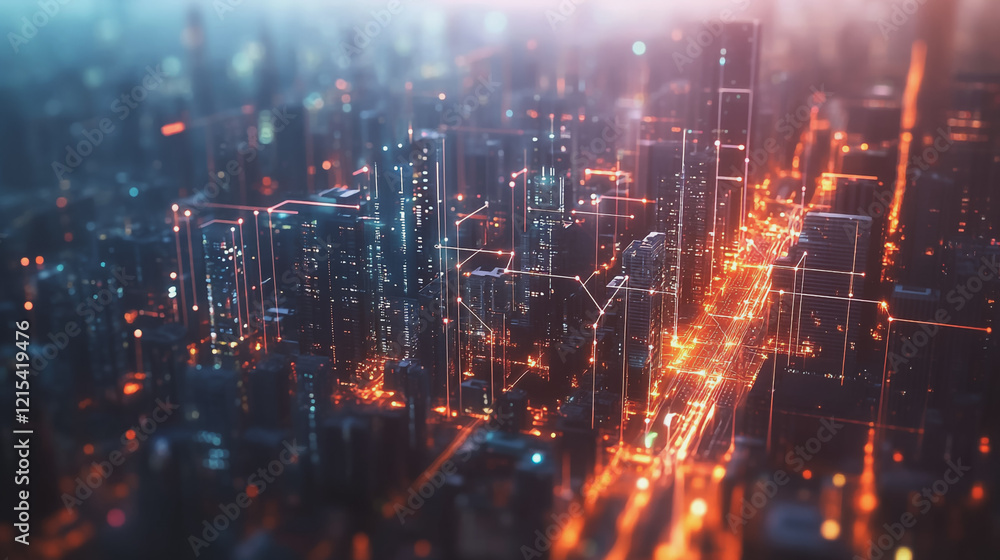 Obraz premium Smart digital Innovation city with connection network reciprocity over the twilight cityscape. of future smart wireless digital city and social media networking systems that connects people with city