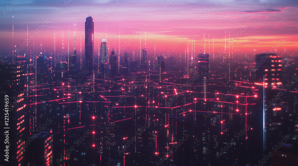 Fototapeta premium Smart digital Innovation city with connection network reciprocity over the twilight cityscape. of future smart wireless digital city and social media networking systems that connects people with city