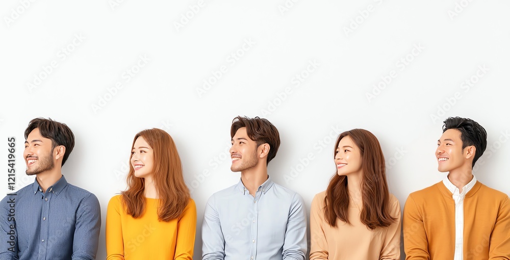 Obraz premium A diverse group of young adults smiling together, standing in a line against a white background, showcasing friendship and happiness in a modern lifestyle setting.