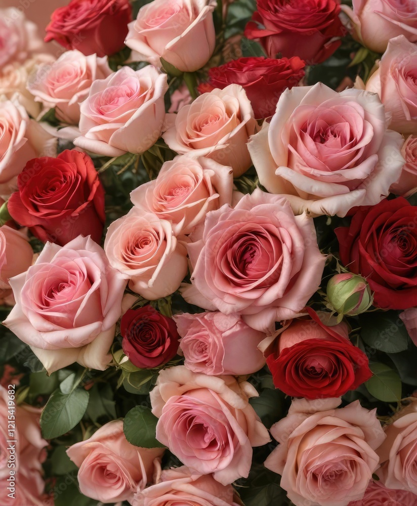 Delicate pink and red roses in a lush bouquet arranged on a luxurious rose gold background, pink roses, flowers Delicate pink and red roses in a lush bouquet arranged on a luxurious rose gold background, pink roses, flowers