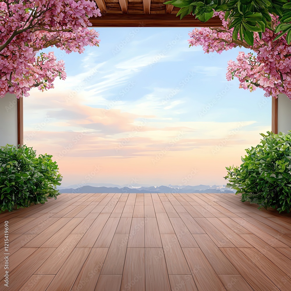 Obraz premium A serene outdoor view from a wooden terrace adorned with blooming flowers and lush greenery against a vibrant sky.