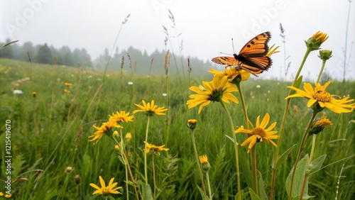 Delicate orange butterfly perched on yellow arnica montana flowers in a lush meadow, landscape, meadow, flora, garden scene