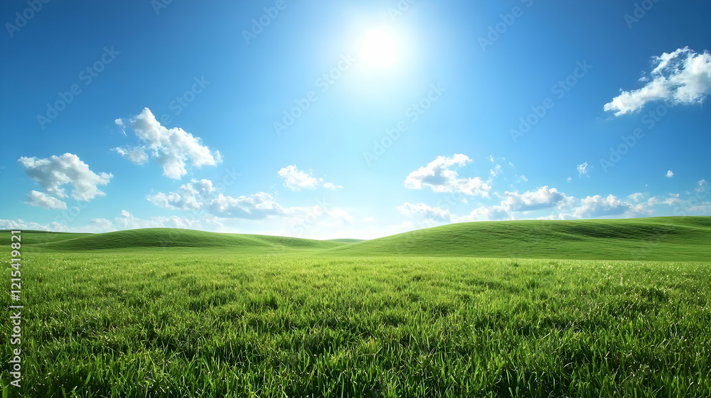 A vast open field with rolling hills under a bright blue sky A vast open field with rolling hills under a bright blue sky