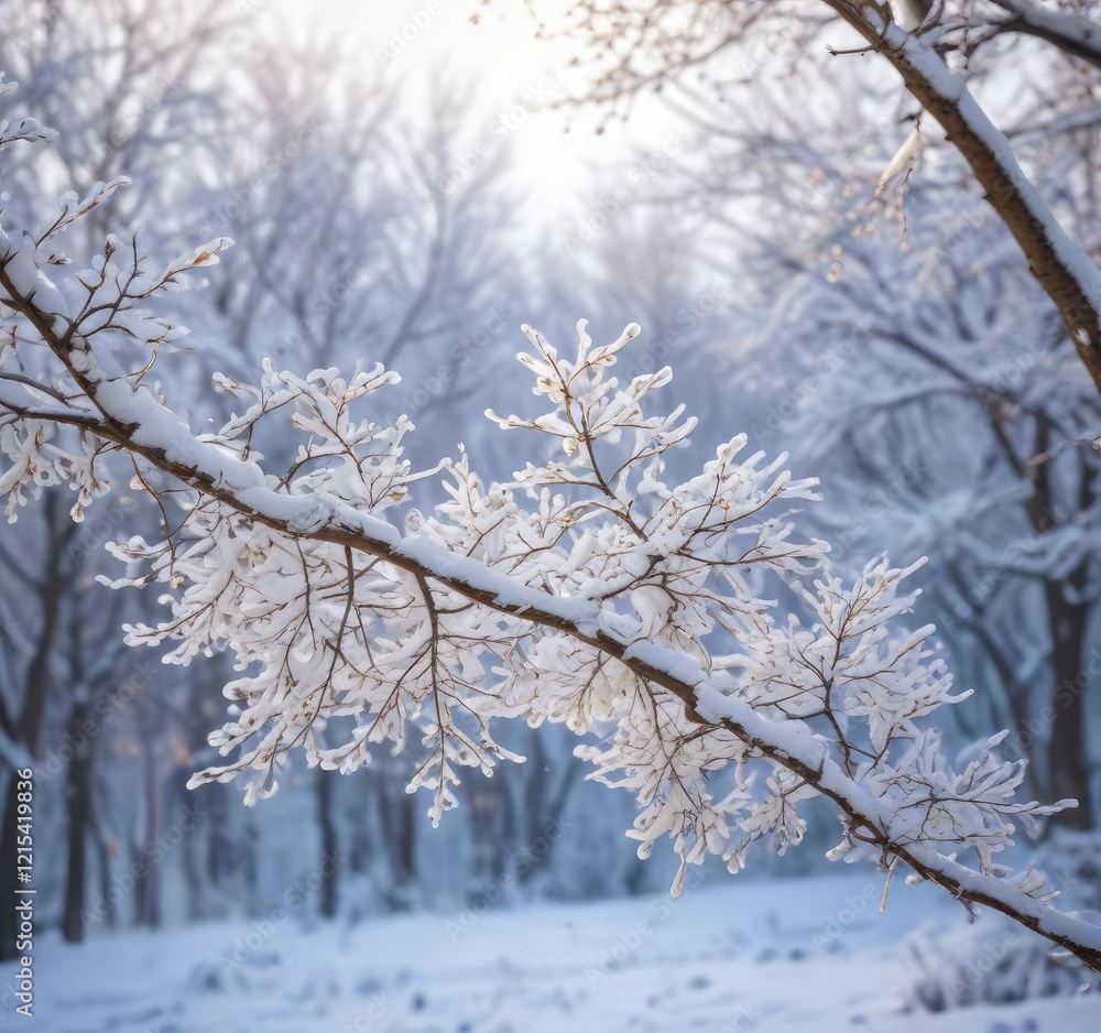 Delicate snow-covered tree limbs against a blurred winter background, icy, frosty atmosphere, frozen Delicate snow-covered tree limbs against a blurred winter background, icy, frosty atmosphere, frozen