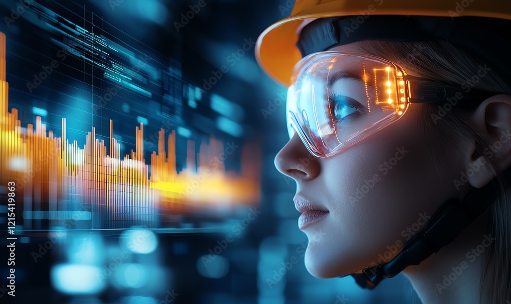 A focused woman wearing a hard hat and protective glasses, gazing at digital graphs and data visuals, representing innovation and technology in the industrial sector. A focused woman wearing a hard hat and protective glasses, gazing at digital graphs and data visuals, representing innovation and technology in the industrial sector.