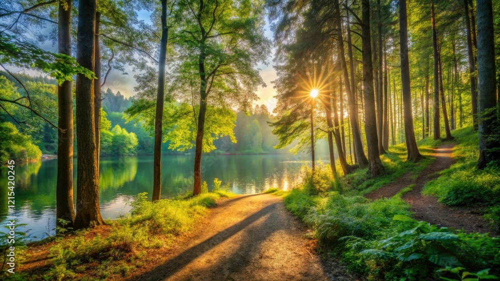 Naklejka premium Dense forest trail surrounded by tall trees and vibrant green foliage leading to a serene lake at sunrise, scenery, trail
