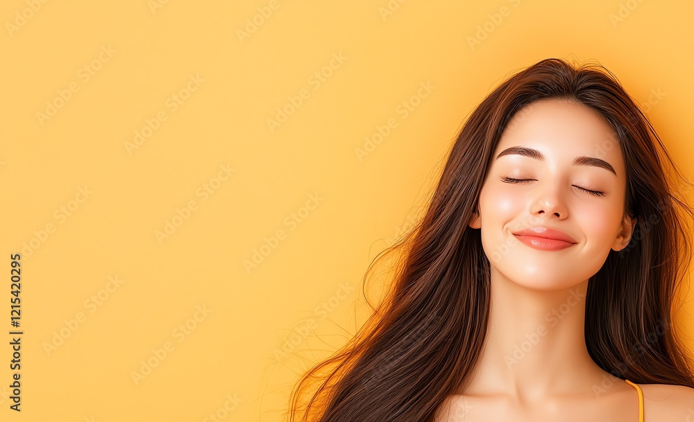 A serene young woman with a calm expression, enjoying a moment of tranquility against a vibrant yellow background, symbolizing happiness and inner peace. A serene young woman with a calm expression, enjoying a moment of tranquility against a vibrant yellow background, symbolizing happiness and inner peace.