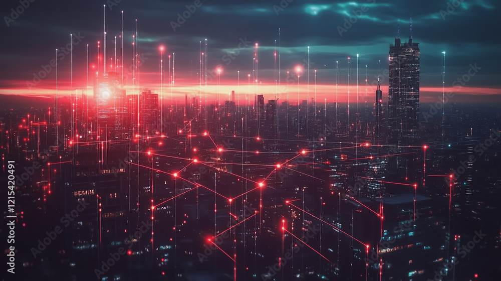 Fototapeta premium Smart digital Innovation city with connection network reciprocity over the twilight cityscape. of future smart wireless digital city and social media networking systems that connects people with city
