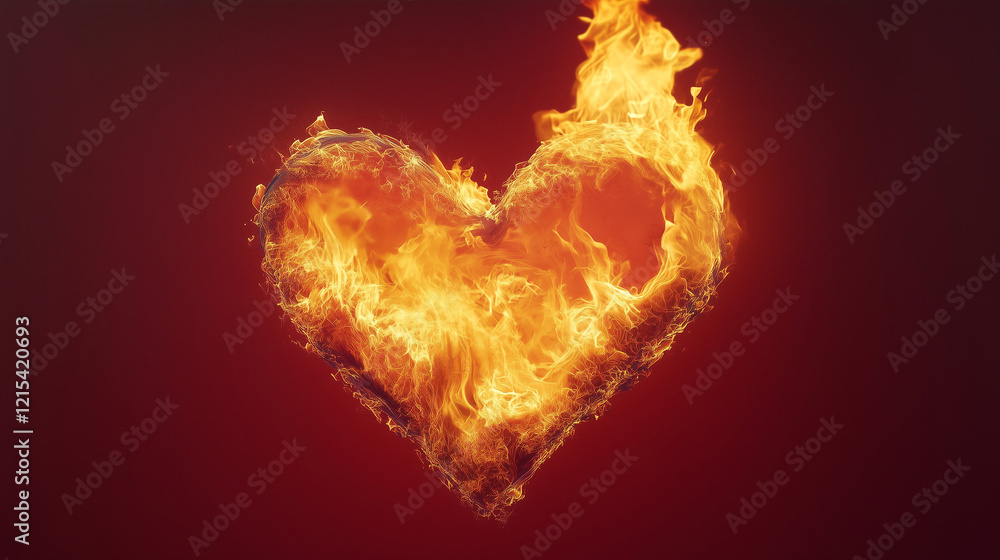 Heart shape made of fire isolated on red background Heart shape made of fire isolated on red background