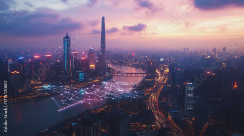 Wallpaper Mural Smart digital Innovation city with connection network reciprocity over the twilight cityscape. of future smart wireless digital city and social media networking systems that connects people with city Torontodigital.ca