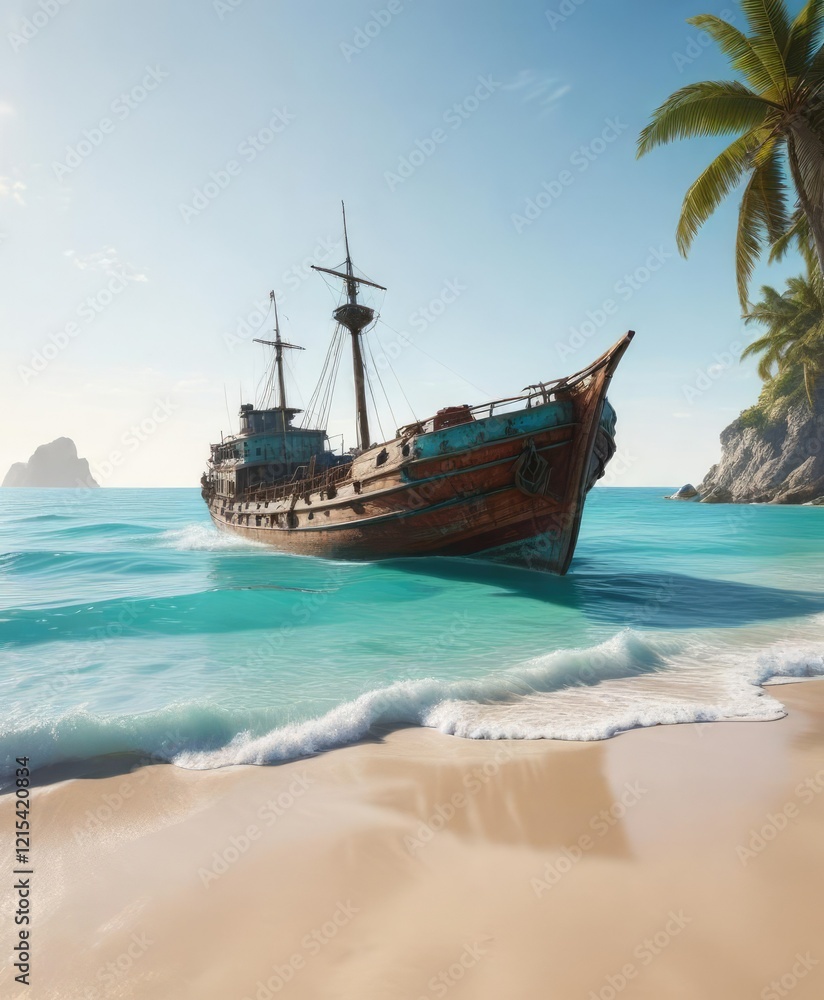 Distant shipwreck in the turquoise sea on a sunny beach day , sea, turquoise Distant shipwreck in the turquoise sea on a sunny beach day , sea, turquoise