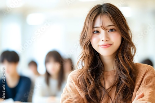 Wallpaper Mural A young woman with long, wavy hair smiles warmly while seated in a classroom, with blurred classmates in the background. The scene conveys a sense of positivity and engagement. Torontodigital.ca